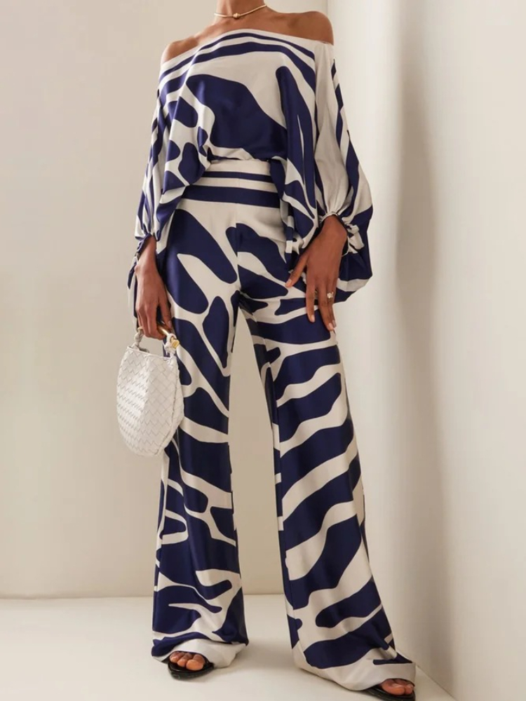 Blouse Off Shoulder - Women's Printed Satin 2-piece Set, Off