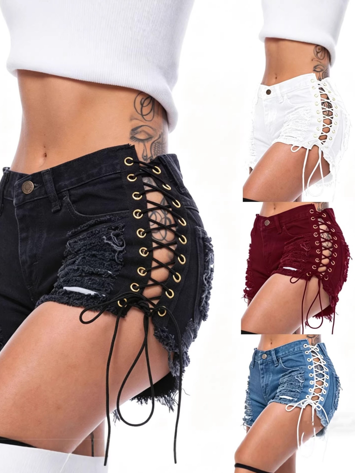 Cotton Denim Shorts Low Waist  - Shorts Denim Frayed のレビューと価格