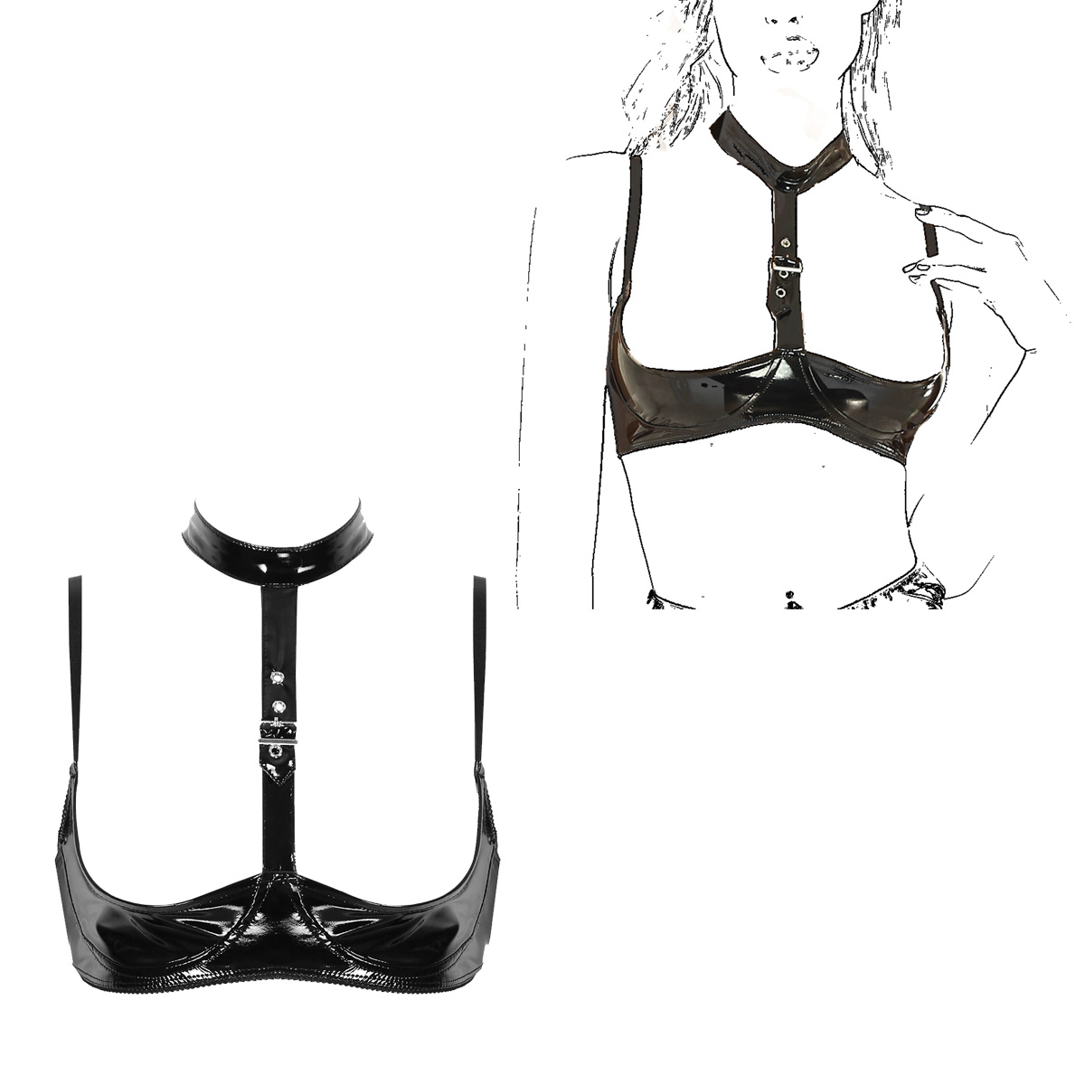 Womens Patent Leather Lingerie - Bralette Triangle Set のレビューと価格