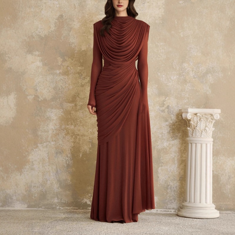 Solid Draped Neckline Long Dre - Linen Dress Wrap のレビューと価格