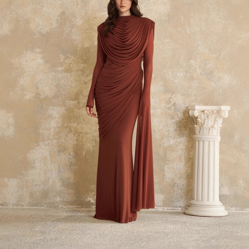 Solid Draped Neckline Long Dre - Linen Dress Wrap のレビューと価格