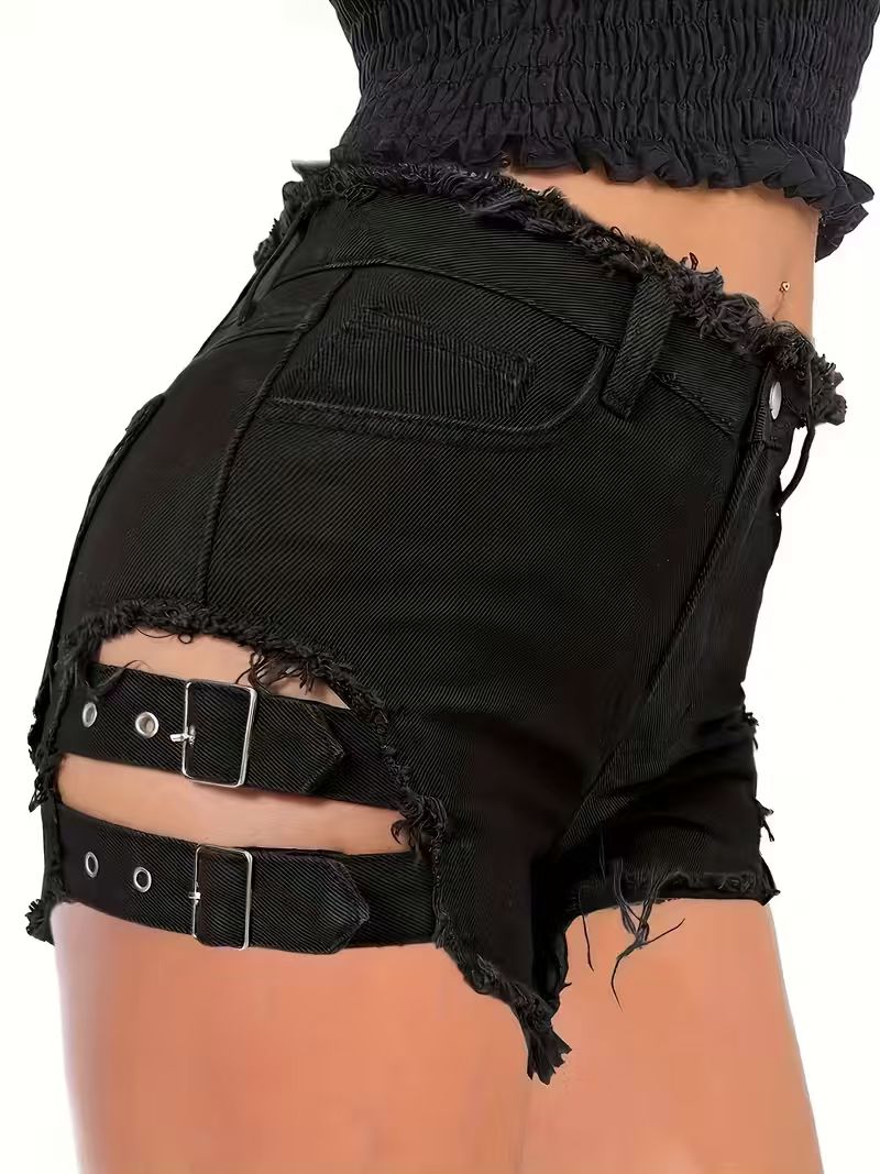 Women's Black Denim Shorts Low - Shorts Denim Frayed のレビューと価格