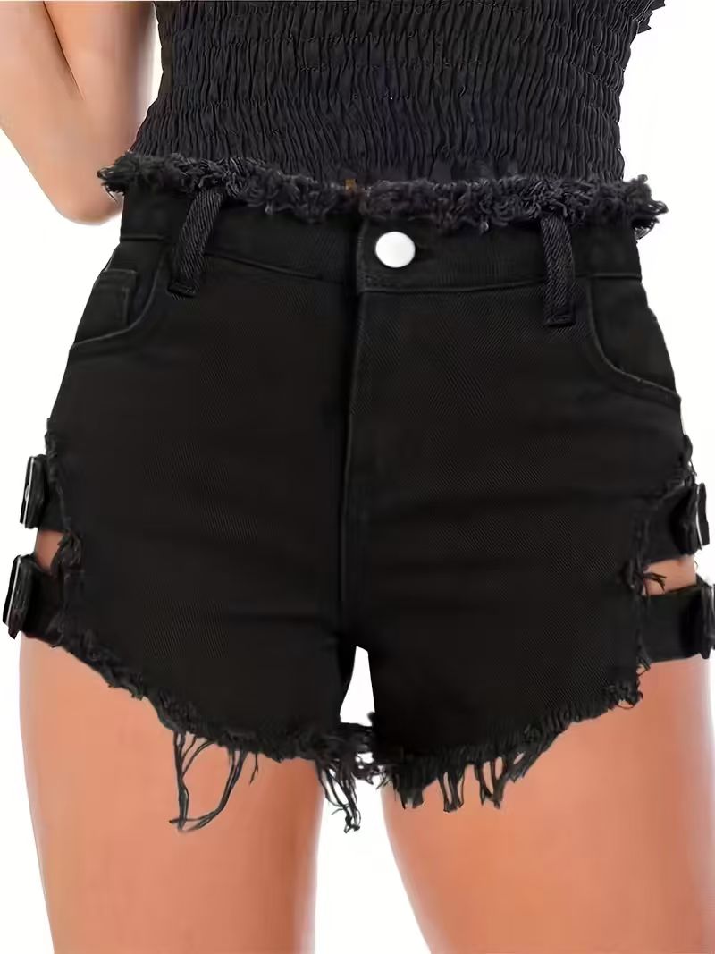 Women's Black Denim Shorts Low - Shorts Denim Frayed のレビューと価格