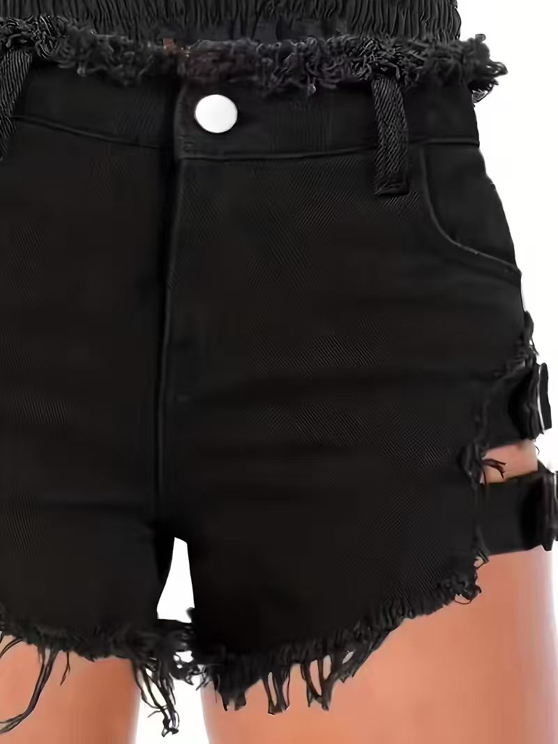 Women's Black Denim Shorts Low - Shorts Denim Frayed のレビューと価格