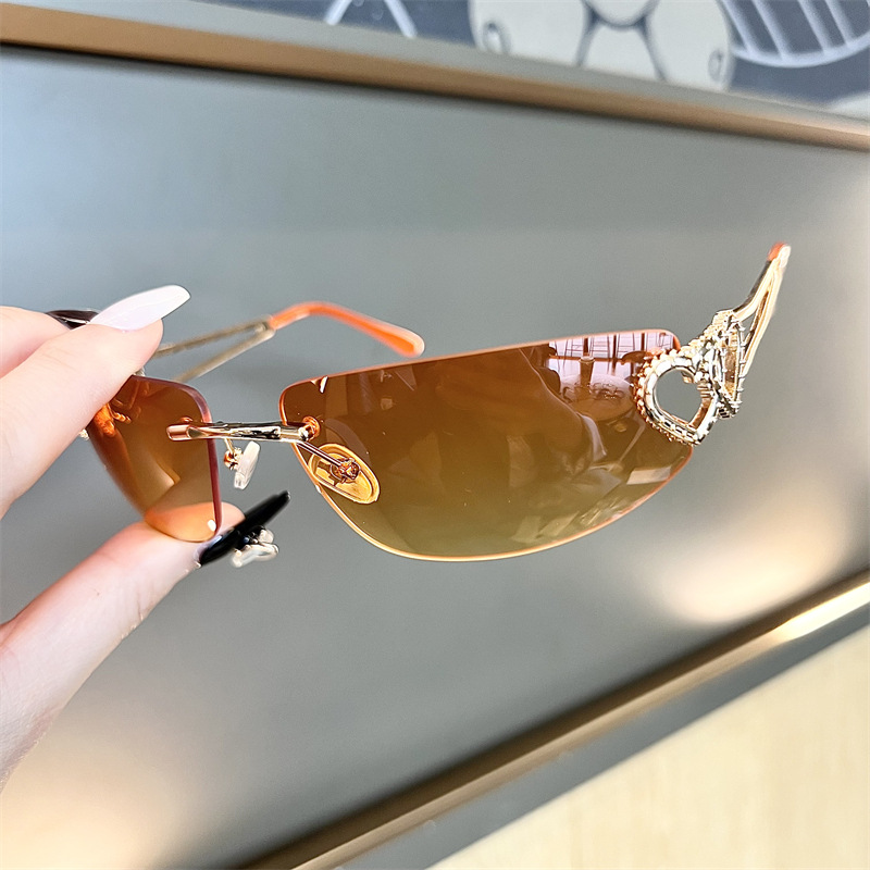 New Oval Cat Eye Frameless Mer - Sunglasses Cat Eye のレビューと価格