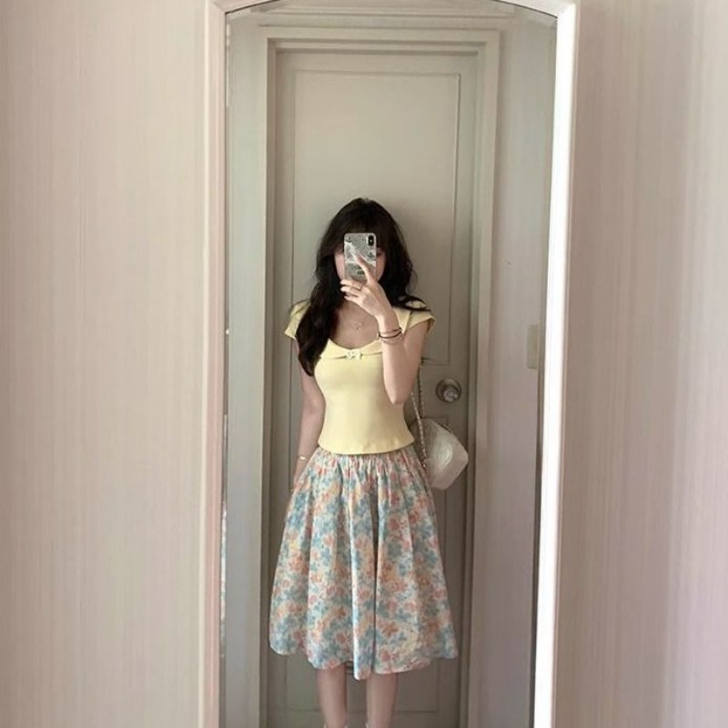 Women 2 Piece Set Bow Top And  - Midi Skirt Floral のレビューと価格